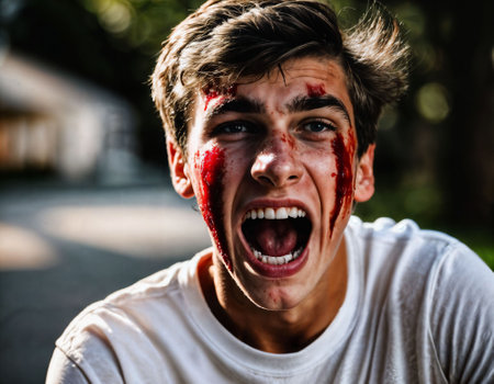 photo of of boy being bullied with wound and blood, generative AIの素材