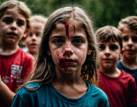photo group of girl being bullied with wound and blood in the gang, generative AIの素材