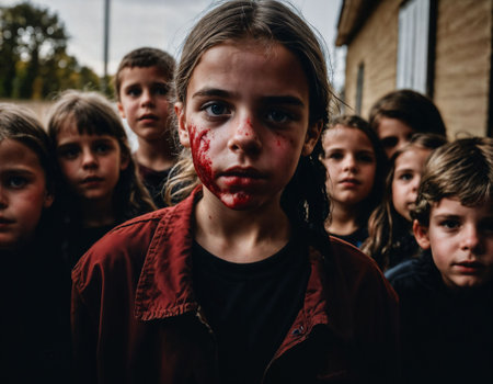 photo group of girl being bullied with wound and blood in the gang, generative AIの素材