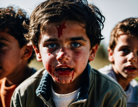photo of of boy being bullied with wound and blood, generative AIの素材