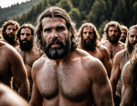 photo of group of strong caveman gang, generative AIの素材
