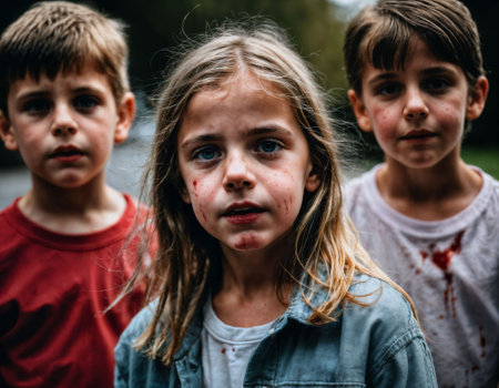 photo group of girl being bullied with wound and blood in the gang, generative AIの素材