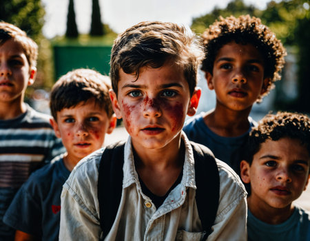 photo group of boy being bullied with wound and blood in the gang, generative AIの素材