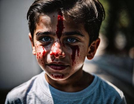 photo of of boy being bullied with wound and blood, generative AIの素材