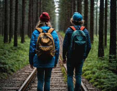 photo group of teenage as a backpacker in the dark wood, generative AIの素材