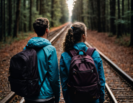 photo group of teenage as a backpacker in the dark wood, generative AIの素材