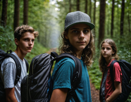 photo group of teenage as a backpacker in the dark wood, generative AIの素材
