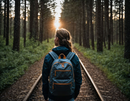 photo group of teenage as a backpacker in the dark wood, generative AIの素材