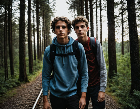 photo group of teenage as a backpacker in the dark wood, generative AIの素材