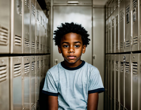 photo of scary boy kid in locker room, generative AIの素材