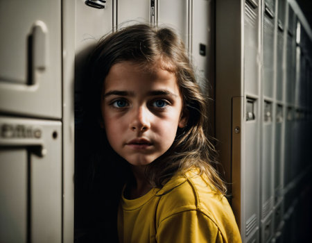 photo of scary girl kid in locker room, generative AIの素材
