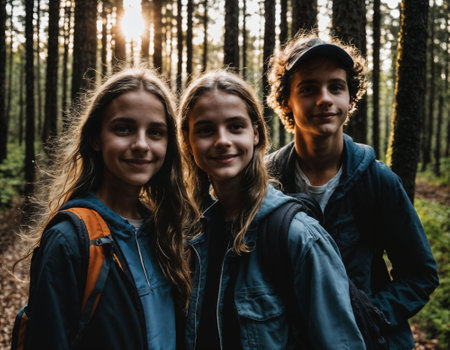 photo group of teenage as a backpacker in the dark wood, generative AIの素材