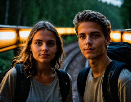 photo group of teenage as a backpacker in the dark wood, generative AIの素材
