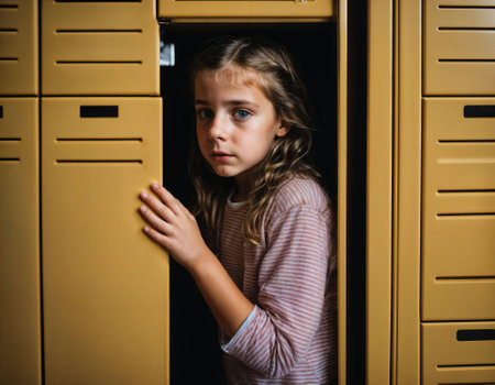 photo of scary girl kid in locker room, generative AIの素材