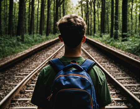 photo group of teenage as a backpacker in the dark wood, generative AIの素材