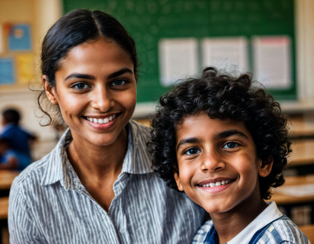 photo of happy teacher and kids at school room, generative AIの素材