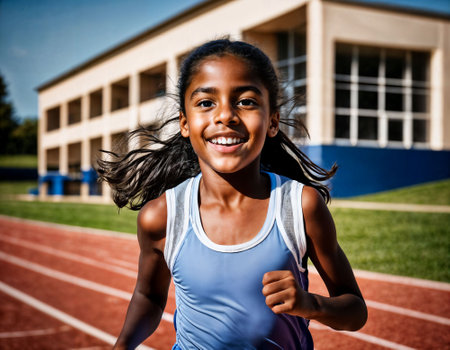 photo of girl kids running race sport at school, generative AIの素材