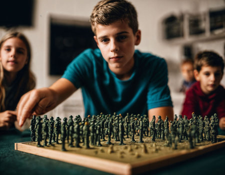 photo of teenage boy playing with toy soldiers, generative AIの素材