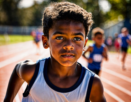 photo of boy kids running race sport at school, generative AIの素材