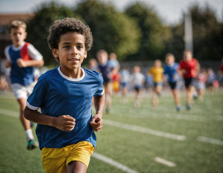 photo of boy kids running race sport at school, generative AIの素材