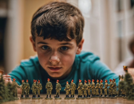 photo of teenage boy playing with toy soldiers, generative AIの素材