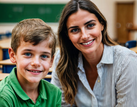 photo of happy teacher and kids at school room, generative AIの素材