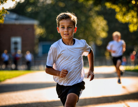 photo of boy kids running race sport at school, generative AIの素材