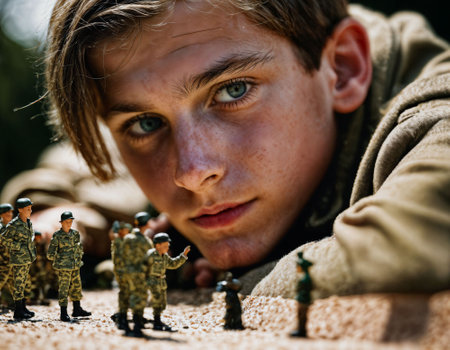 photo of teenage boy playing with toy soldiers, generative AIの素材