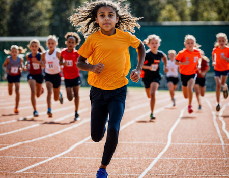 photo of girl kids running race sport at school, generative AIの素材