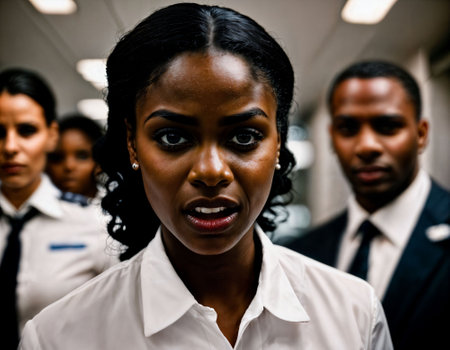 photo of rage angry black air hostess crew woman arguing the other with wound on face, generative AIの素材