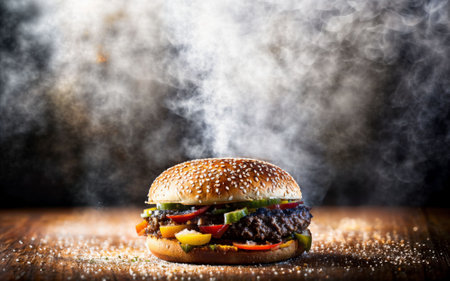 photo close up of big juicy double cheese and beef hamburger on old wooden Board with black background and smoke, generative AIの素材
