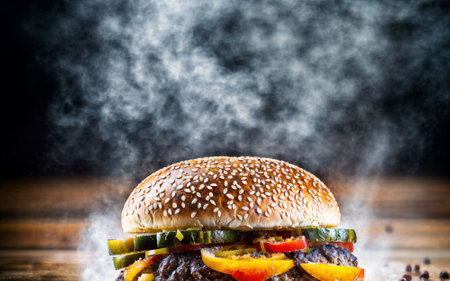 photo close up of big juicy double cheese and beef hamburger on old wooden Board with black background and smoke, generative AIの素材