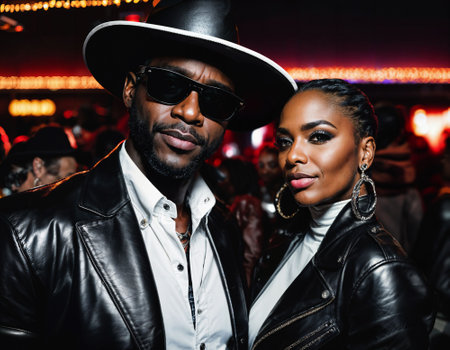 photo of black african man with white turtle neck ,black sunglasses, black leather jacket and white cowboy hat, generative AIの素材