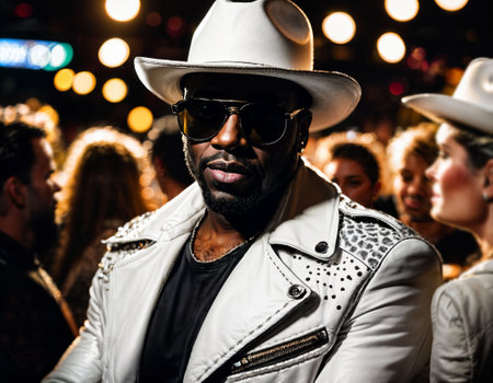 photo of black african man with white turtle neck ,black sunglasses, black leather jacket and white cowboy hat, generative AIの素材