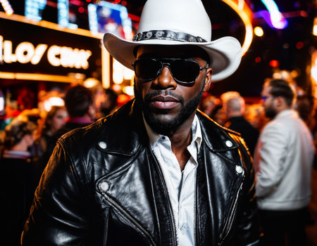 photo of black african man with white turtle neck ,black sunglasses, black leather jacket and white cowboy hat, generative AIの素材