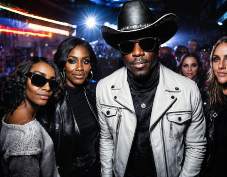 photo of black african man with white turtle neck ,black sunglasses, black leather jacket and white cowboy hat, generative AIの素材