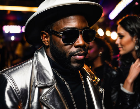 photo of black african man with white turtle neck ,black sunglasses, black leather jacket and white cowboy hat, generative AIの素材