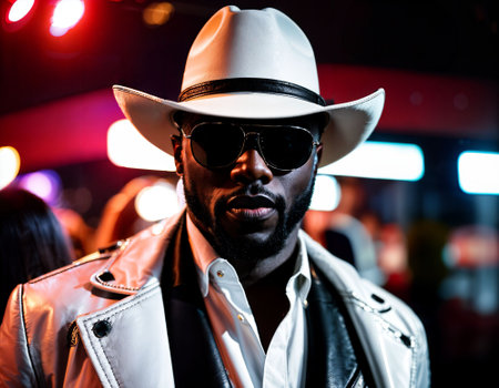 photo of black african man with white turtle neck ,black sunglasses, black leather jacket and white cowboy hat, generative AIの素材