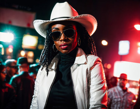 photo of black african woman with white turtle neck ,black sunglasses, black leather jacket and white cowboy hat, generative AIの素材
