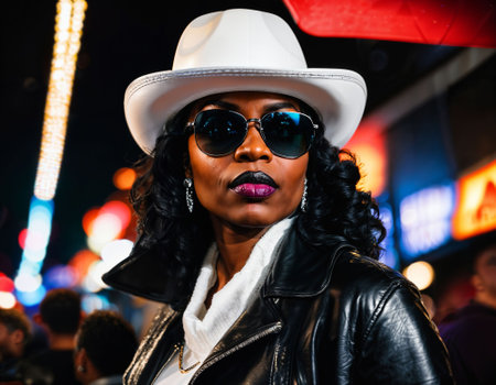 photo of black african woman with white turtle neck ,black sunglasses, black leather jacket and white cowboy hat, generative AIの素材