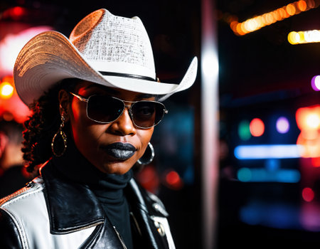 photo of black african woman with white turtle neck ,black sunglasses, black leather jacket and white cowboy hat, generative AIの素材