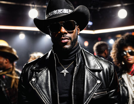 photo of black african man with white turtle neck ,black sunglasses, black leather jacket and white cowboy hat, generative AIの素材