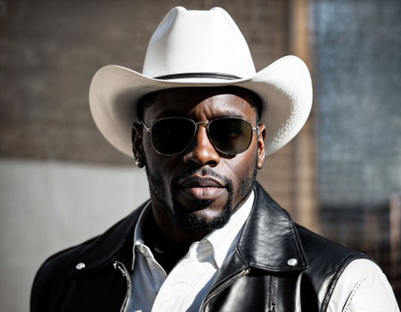 photo of black african man with white turtle neck ,black sunglasses, black leather jacket and white cowboy hat, generative AIの素材