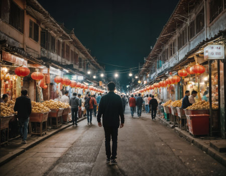 photo of background chinatown street at night, generative AIの素材