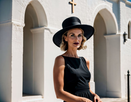 photo of beautiful middle aged woman with black dress and Hat standing in front of white wall church, generative AIの素材