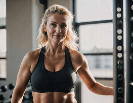 photo of beautiful middle aged woman with blonde hair and sport outfit doing exercise in gym, generative AIの素材