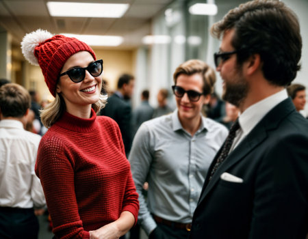 photo of beautiful woman with blonde hair and sunglasses and beanie hat office room, generative AIの素材