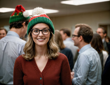 photo of beautiful woman with blonde hair and glasses and beanie hat office room, generative AIの素材