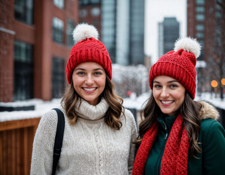 photo of beautiful woman with blonde hair and beanie hat with happy feeling during winter season, generative AIの素材