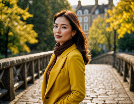 photo of beautiful asian woman with yellow suit and scarf standing at street and bridge in the morning, generative AIの素材